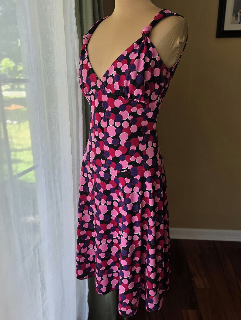 Bisou Bisou Vintage Y2K Polka Dot Dress Pink Purple V-Neck Knot Detail Size 6 - Picture 1 of 10